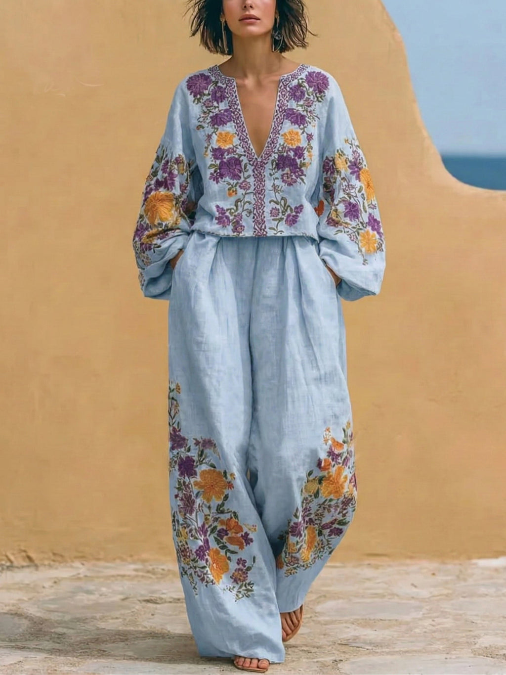 Boho Vintage Bouquet Print Loose Cotton Linen Two-piece Set
