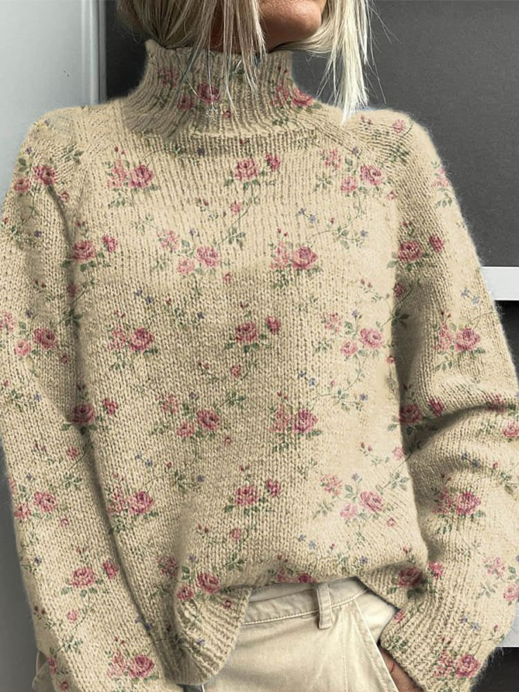Women's Vintage Cute Floral Art Print Knitted Turtleneck Pullover