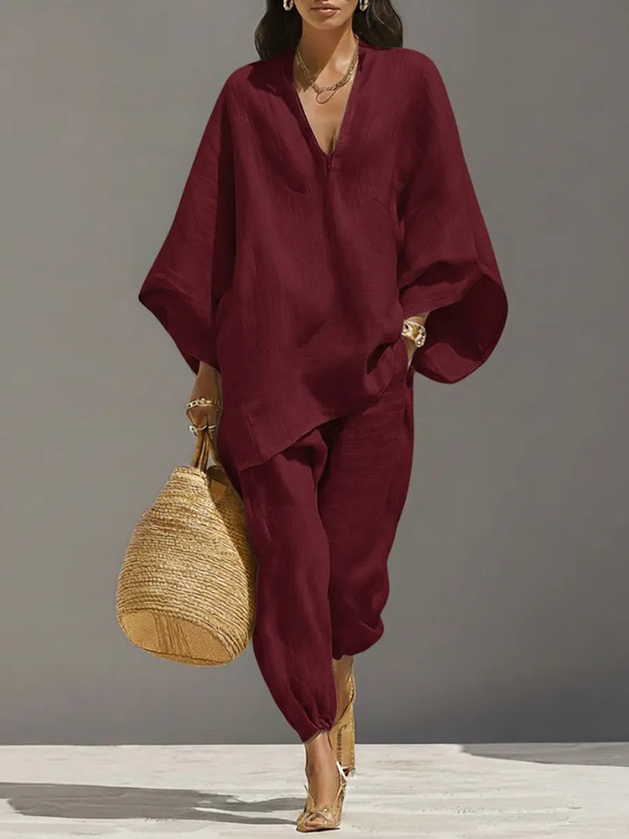 Women's Solid Color V-neck Long Sleeve Casual Loose Cotton Linen Top With Elastic Waist And Wide-leg Pants Set