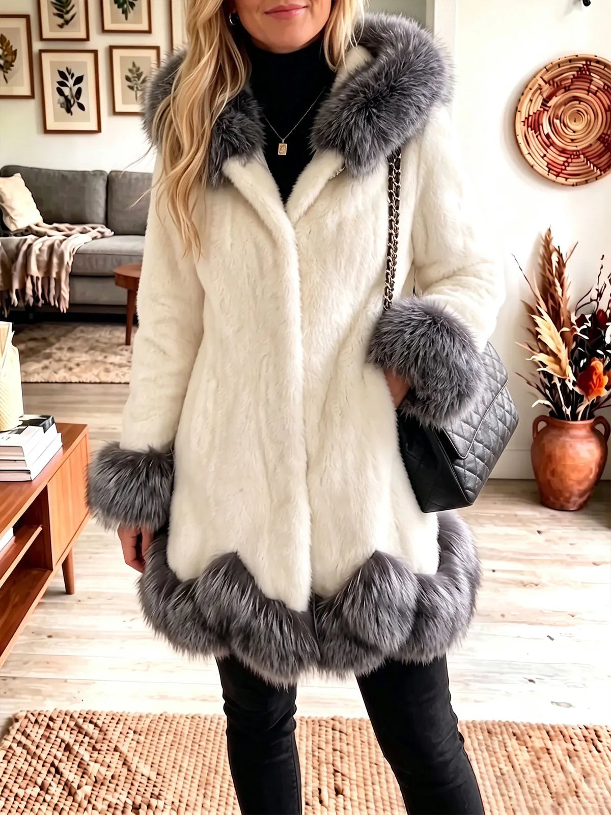 Hooded Faux Fur Contrast Trim Mid‐Length Coat Women Warm Winter Outerwear