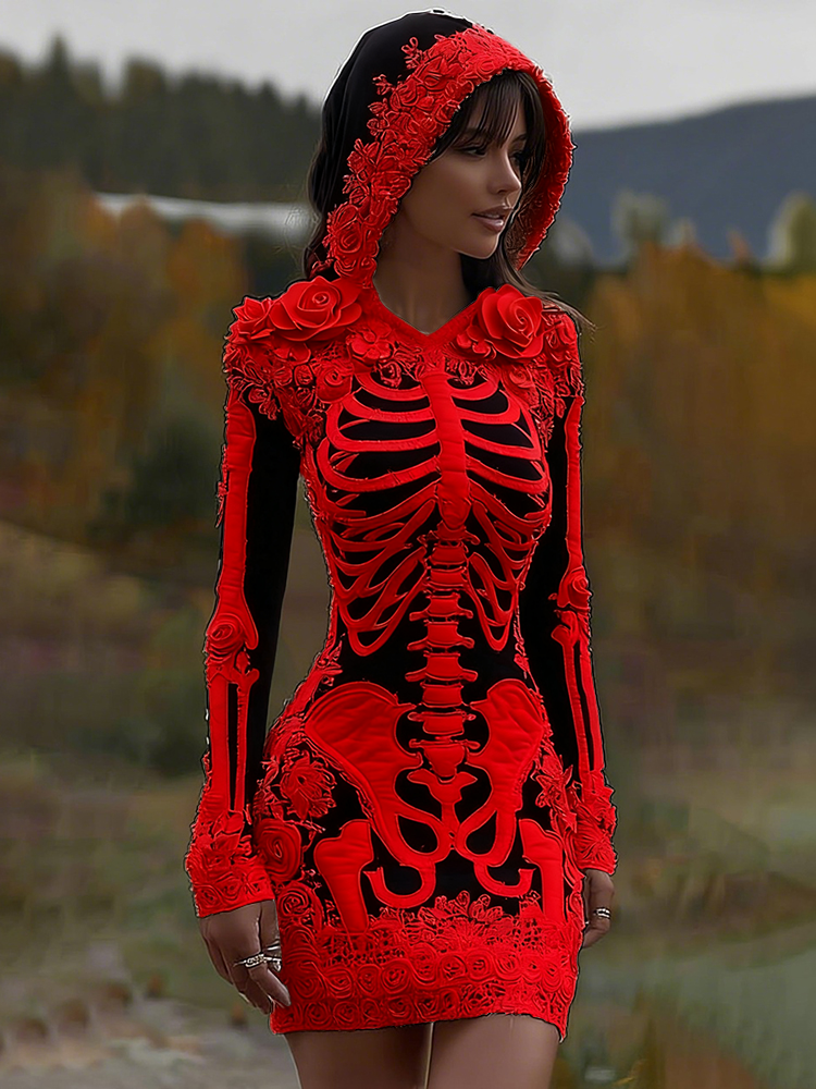 Women's Vintage Halloween Skeleton Bones With Rose Art Cozy Knit Hooded Sweater Dress