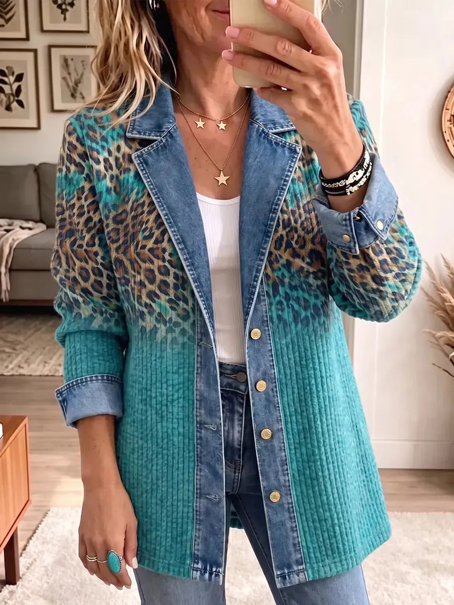 Vintage Elegant Denim Patchwork Color-blocked Leopard Jacket