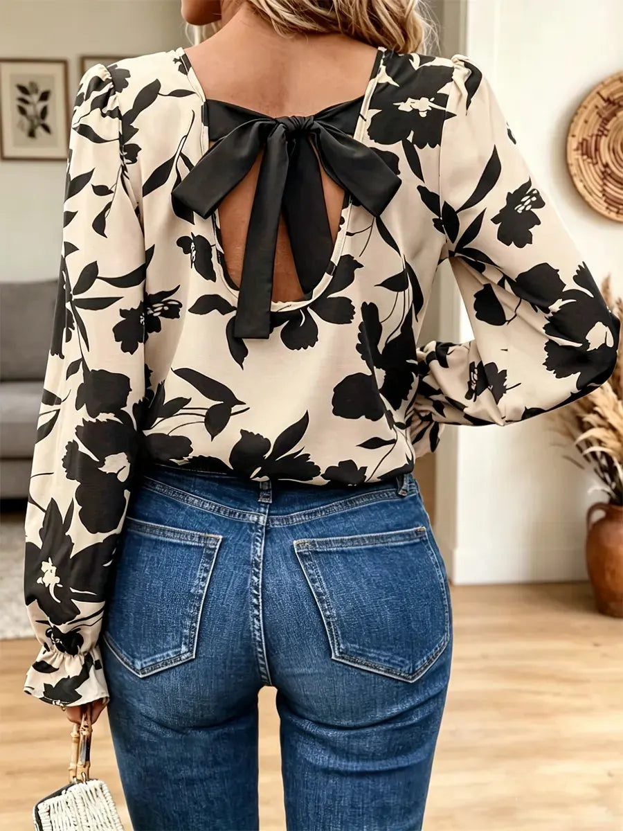 Retro Floral Pattern Art Casual Stylish Bow Long Sleeve Shirt
