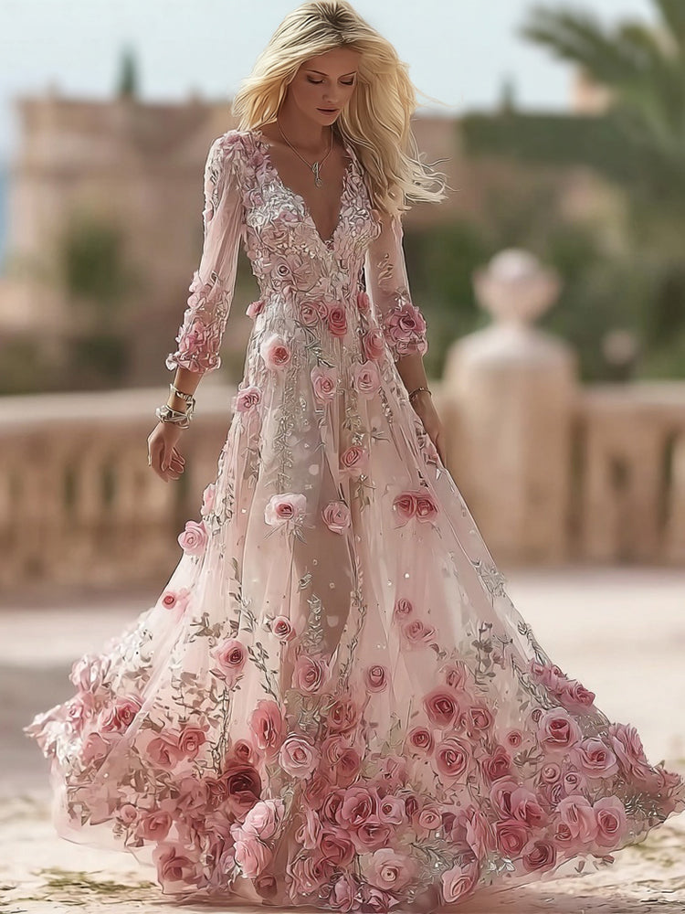 Boho Pink Roses Embroidered V Neck Flowy Maxi Dress