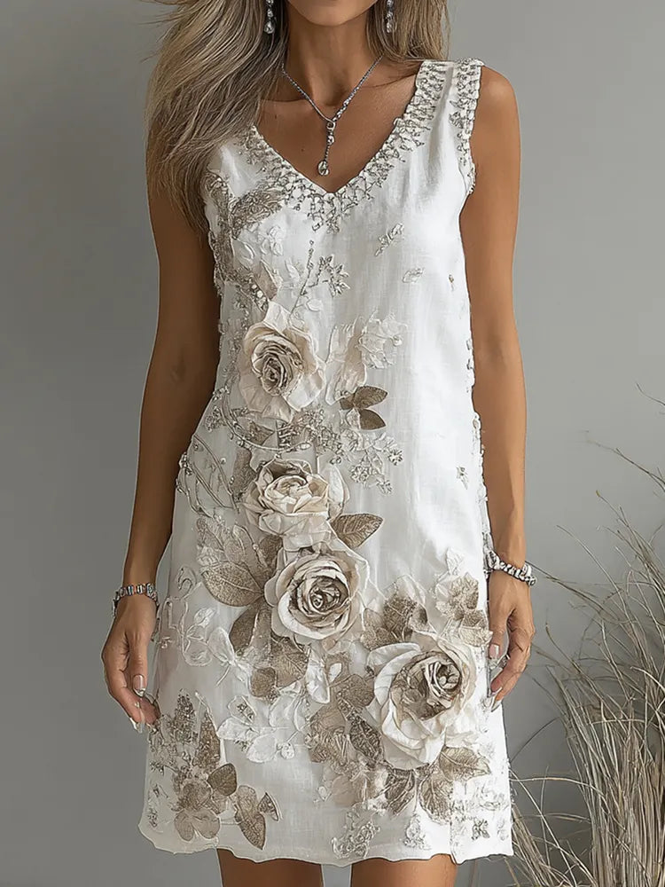 Women's Vintage Rose Art V-neck Sleeveless Mini Dress