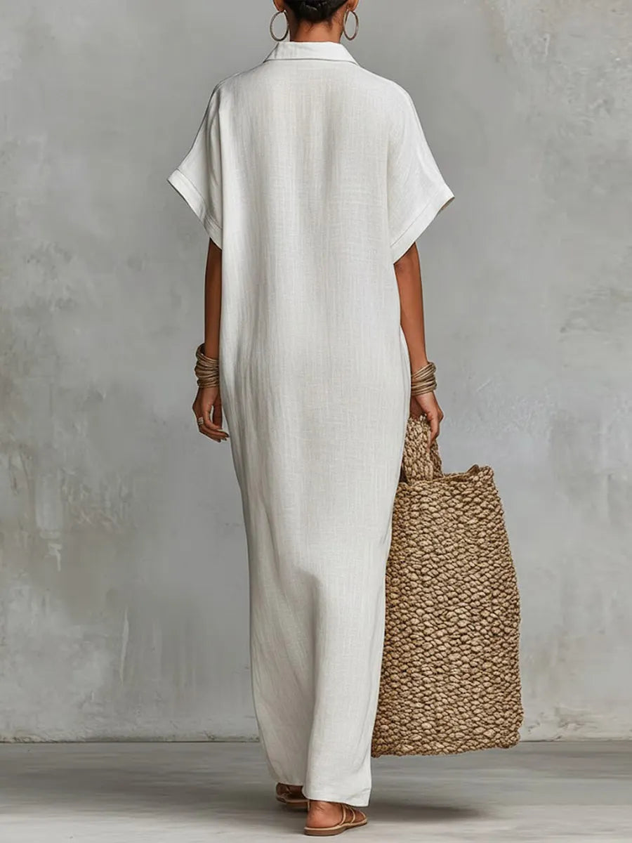 Women's Solid Color Collared Short-sleeved Casual Loose Linen Dress