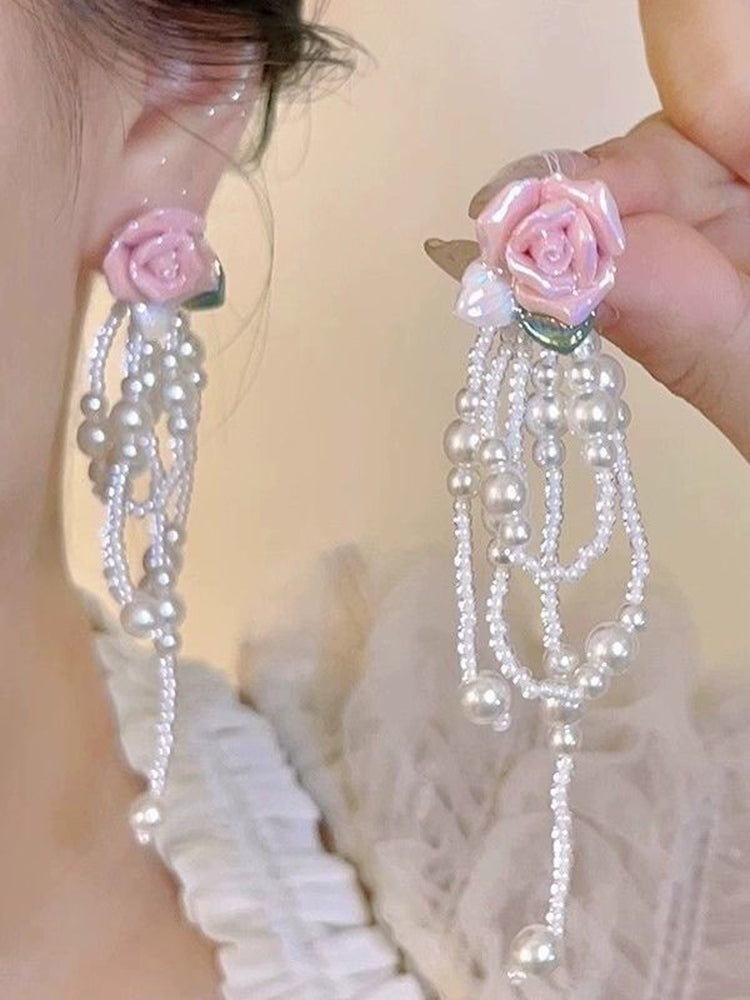Vintage Alloy Pearl Rose Tassel Earrings