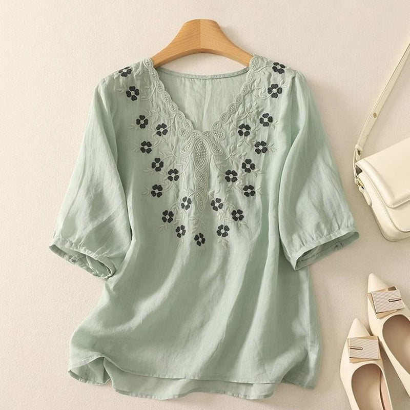 Women's Artistic Floral Embroidered Cotton Linen Casual Top