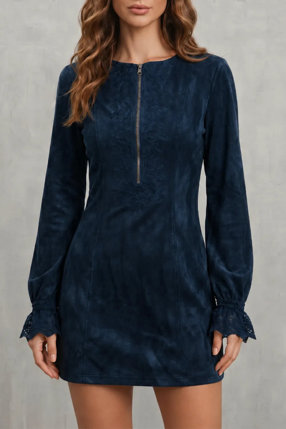 Embroidered detail – Zip-front mini dress