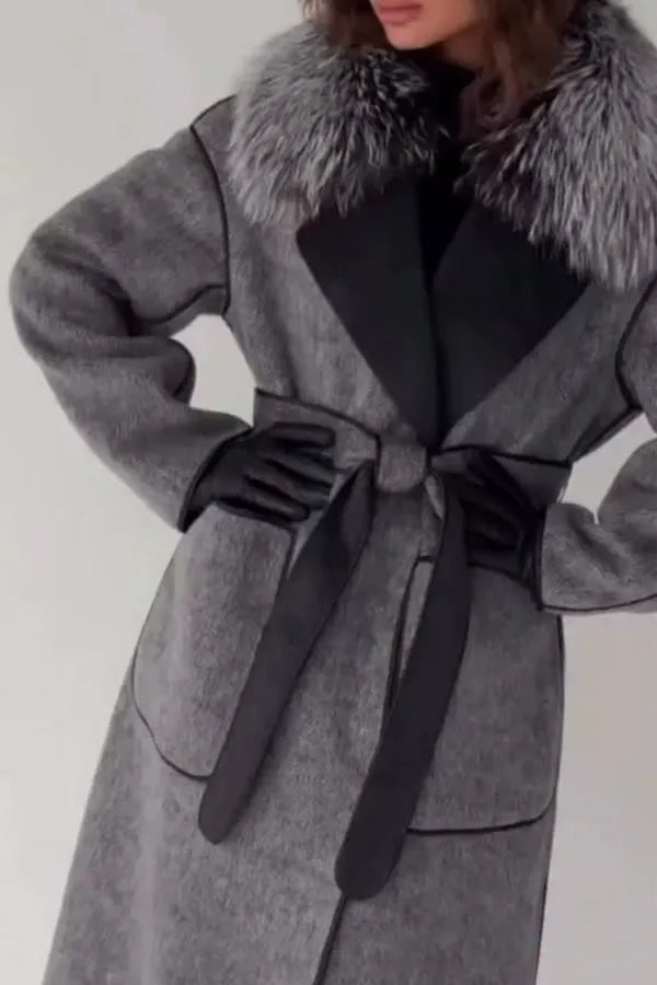 Women Casual Fur Collar Cross Tie Contrast Line Coat