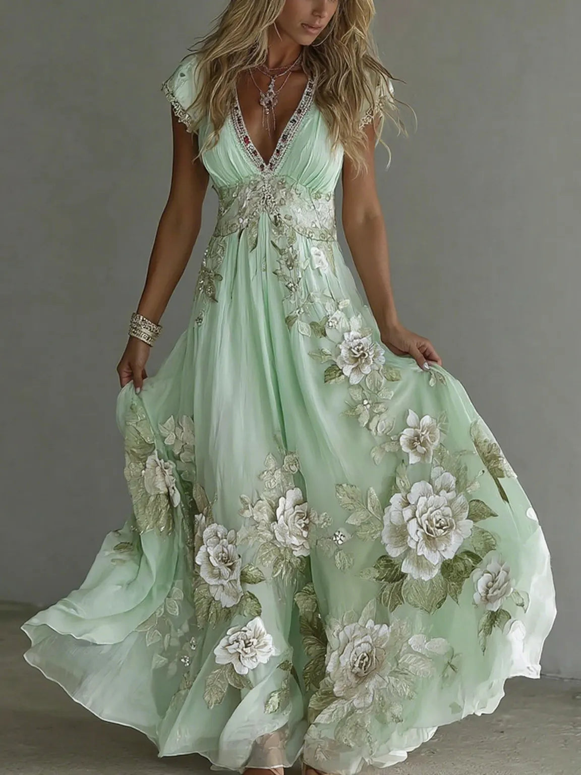 Women's Vintage Boho Floral Art  Short-sleeved Maxi Dress