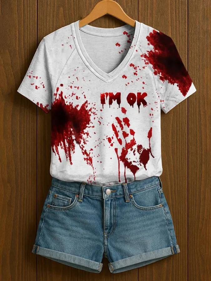Women's Blood Stains  Print V Neck Casual T-Shirt  f5aa