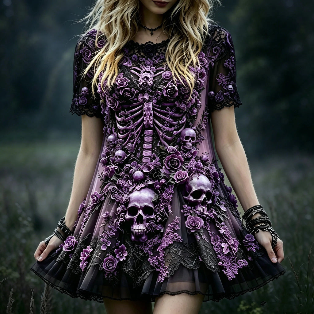 Women's Bohemian Halloween Dress With Skull, Skeleton, Rose, And Lace Print