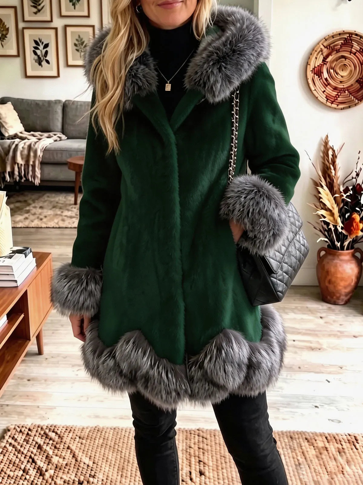 Hooded Faux Fur Contrast Trim Mid‐Length Coat Women Warm Winter Outerwear