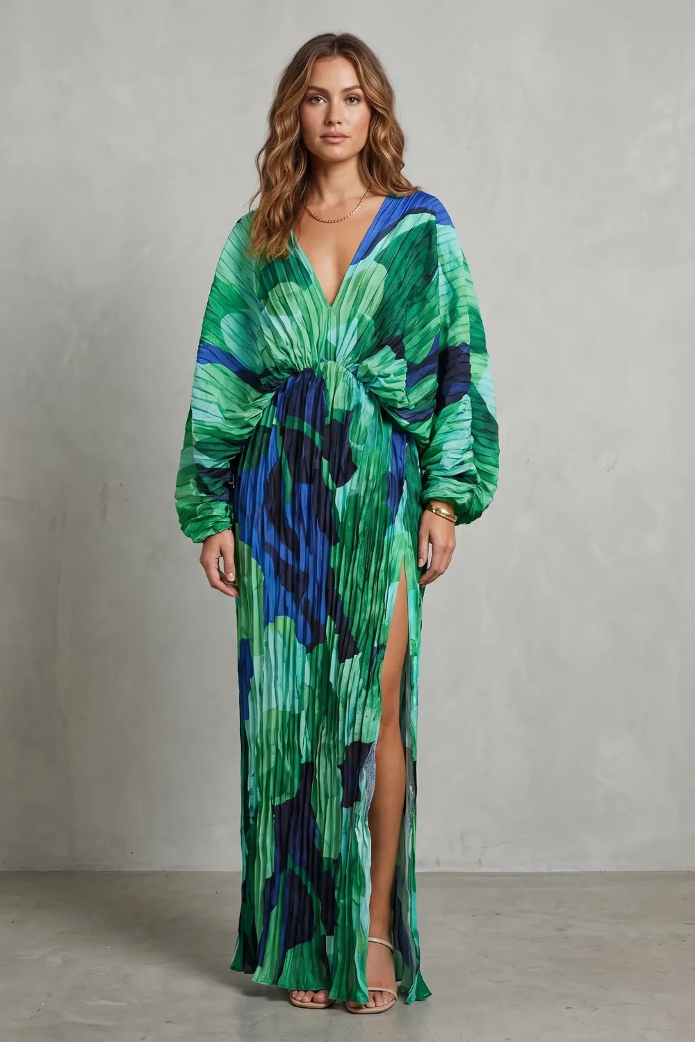 Pleated kimono allure – Maxi dress
