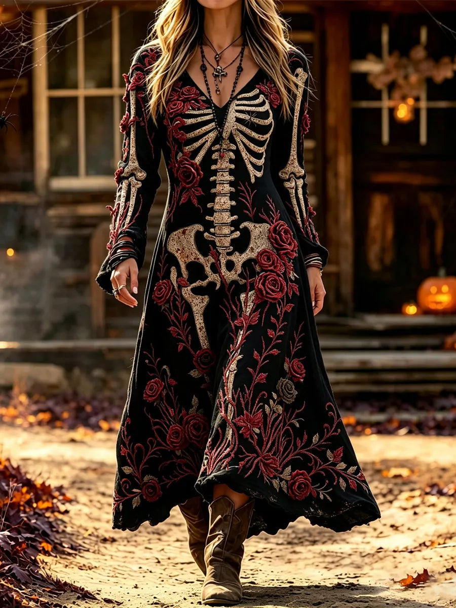Women's Vintage Halloween Skull Art Print Casual Dress