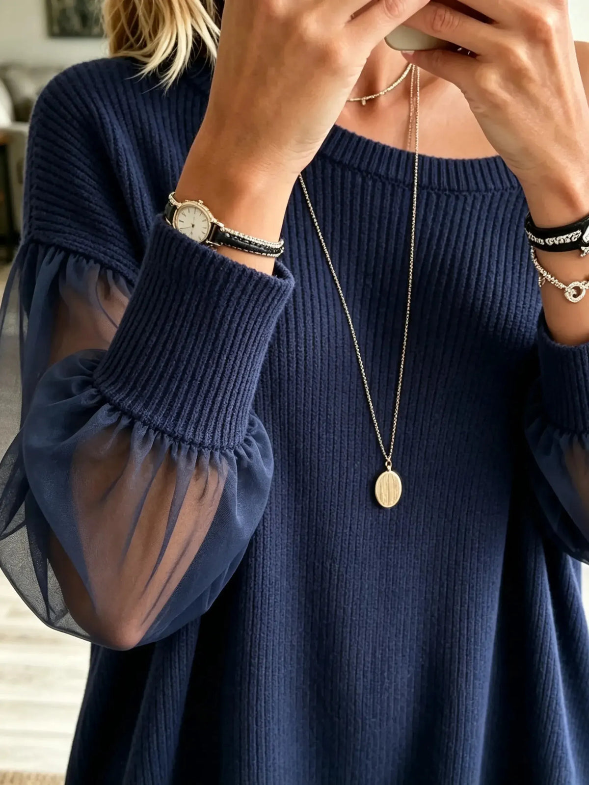 Women's Off-the-Shoulder Sheer Sleeve Knit Top