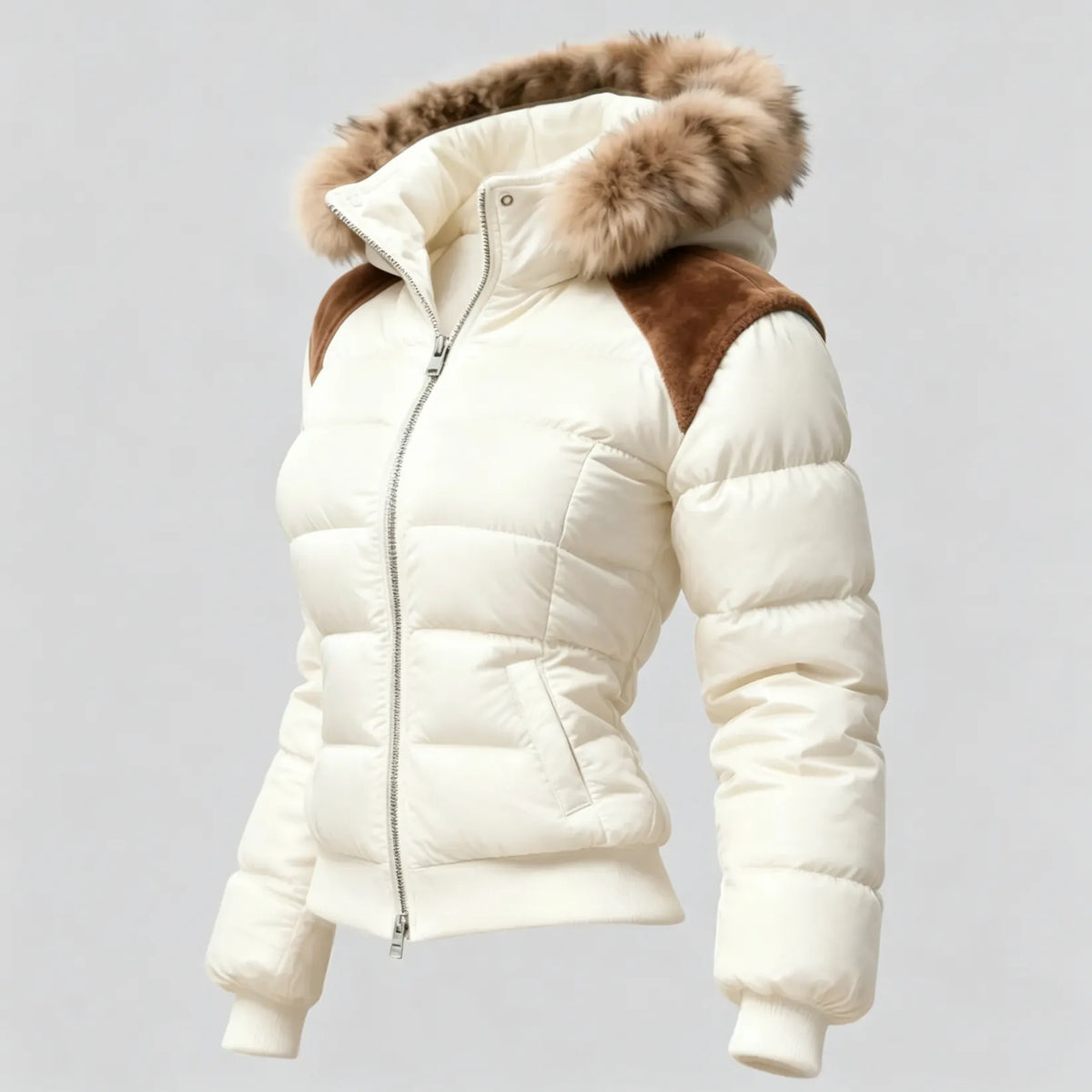Vintage Women's Contrast Color Stitching Fur Collar Stand Collar Hooded Jacket