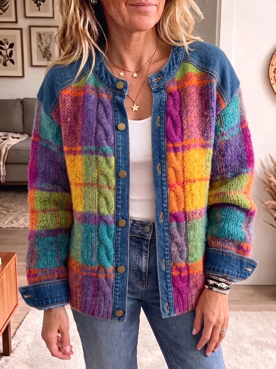 Vintage Elegant Color-blocked Denim Sweater Jacket