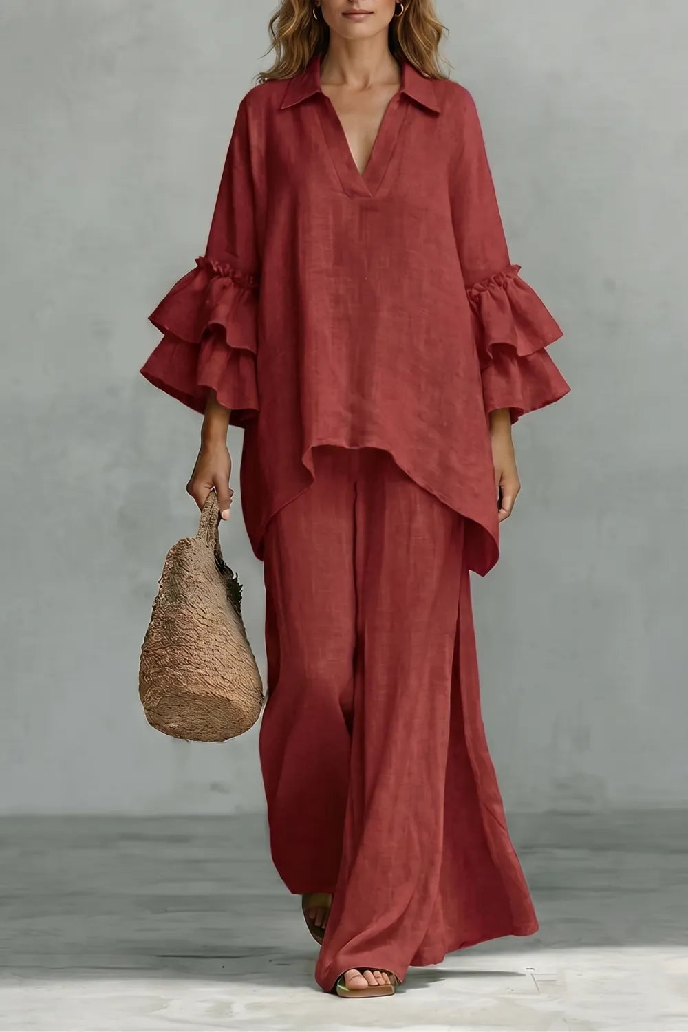 Ruffled sleeve ease – Trouser set