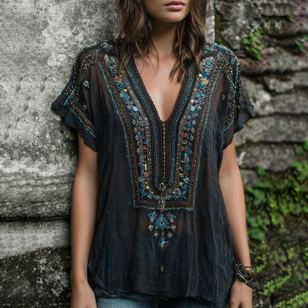 Women's Vintage Boho Nepal Ethnic Art V-neck Shirt