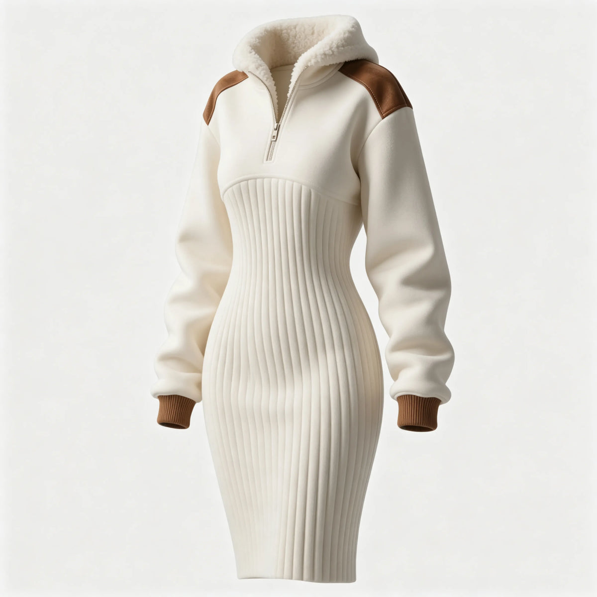 Women's Contrast Color Stitching Suede Lambswool Lapel Hooded Long Sweatshirt