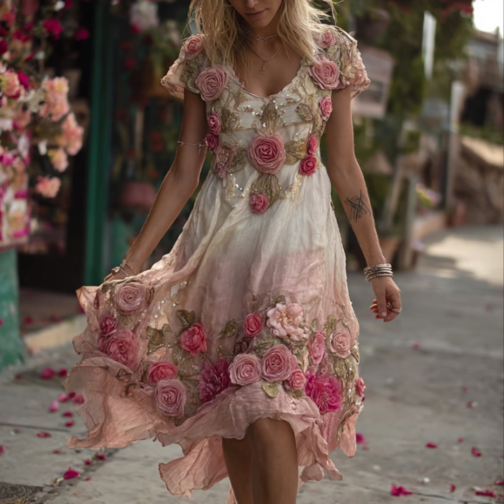 Bohemian Style Pink Rose Youth V-neck Vintage Short Skirt