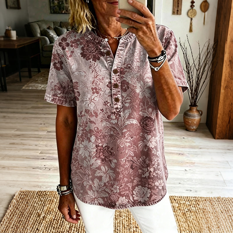 Women's Vintage Floral Art Print Casual Short-sleeve Shirt