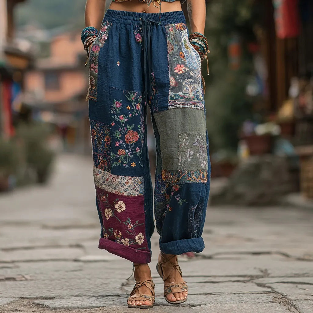Women's Japanese Sashiko And Floral Pattern Linen Pants
