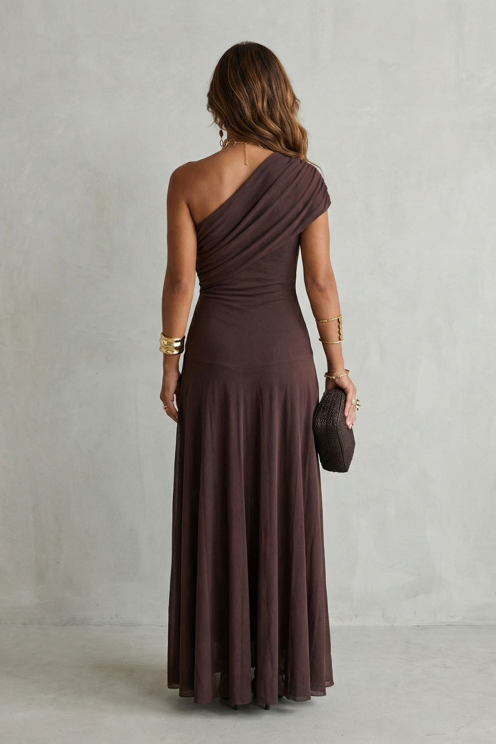 Elegant draped neckline – One shoulder maxi dress