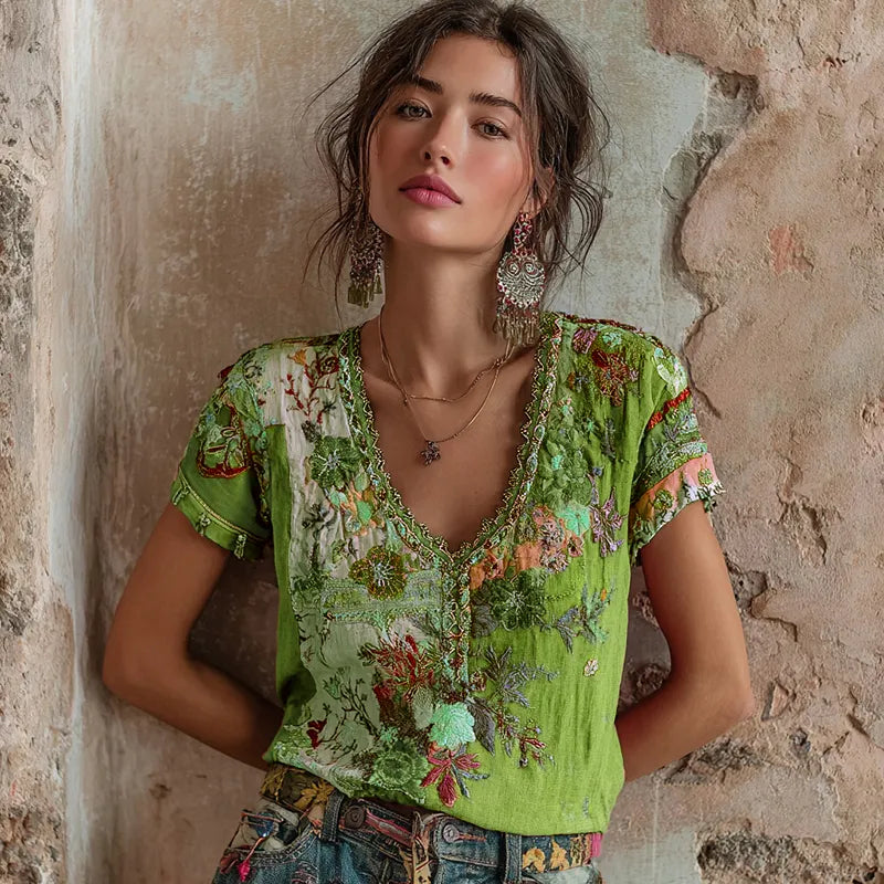 Women's Bohemian Floral Embroidery Art V-neck Contrast Color Linen Blend T-shirt