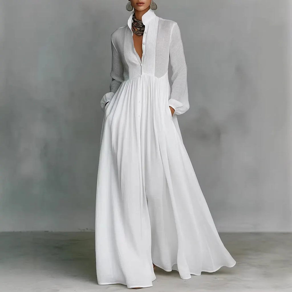 Elegant White Long Sleeve Maxi Dress With Button Front And Deep V-Neckline