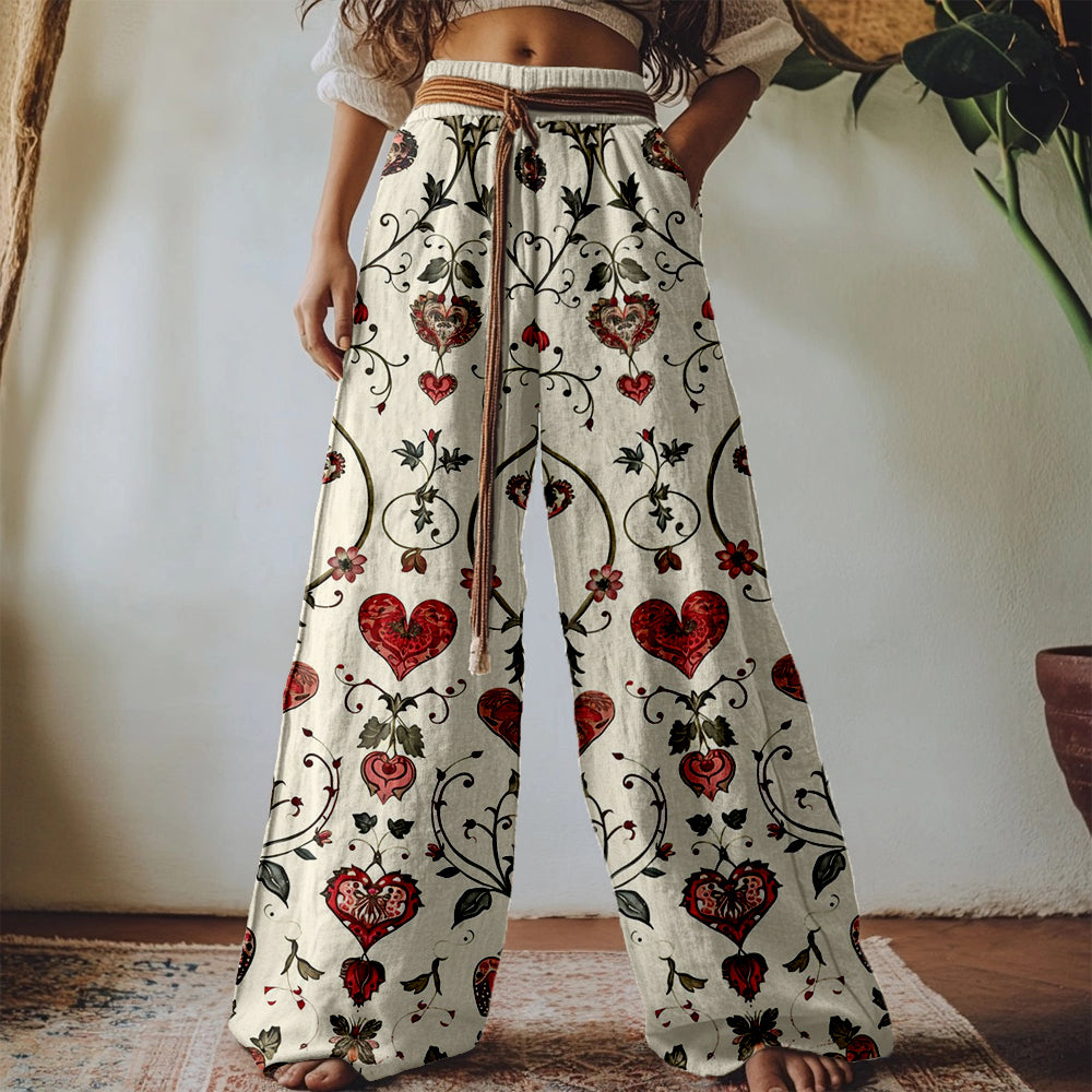 Vintage Floral Heart Pattern Linen Blend Casual Pants
