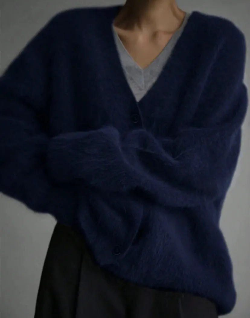 V‐Neck Fuzzy Shaggy Knit Button Front Long Sleeve Cardigan