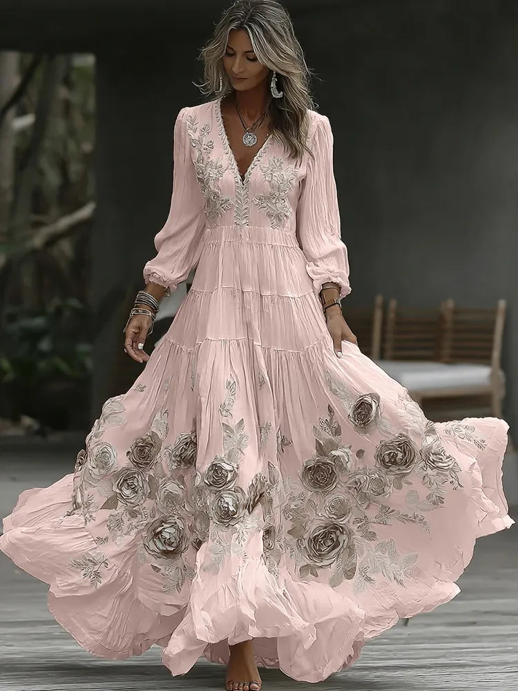 Women's Vintage Rose Embroidery Art V-neck Casual Long Sleeve Maxi Dress