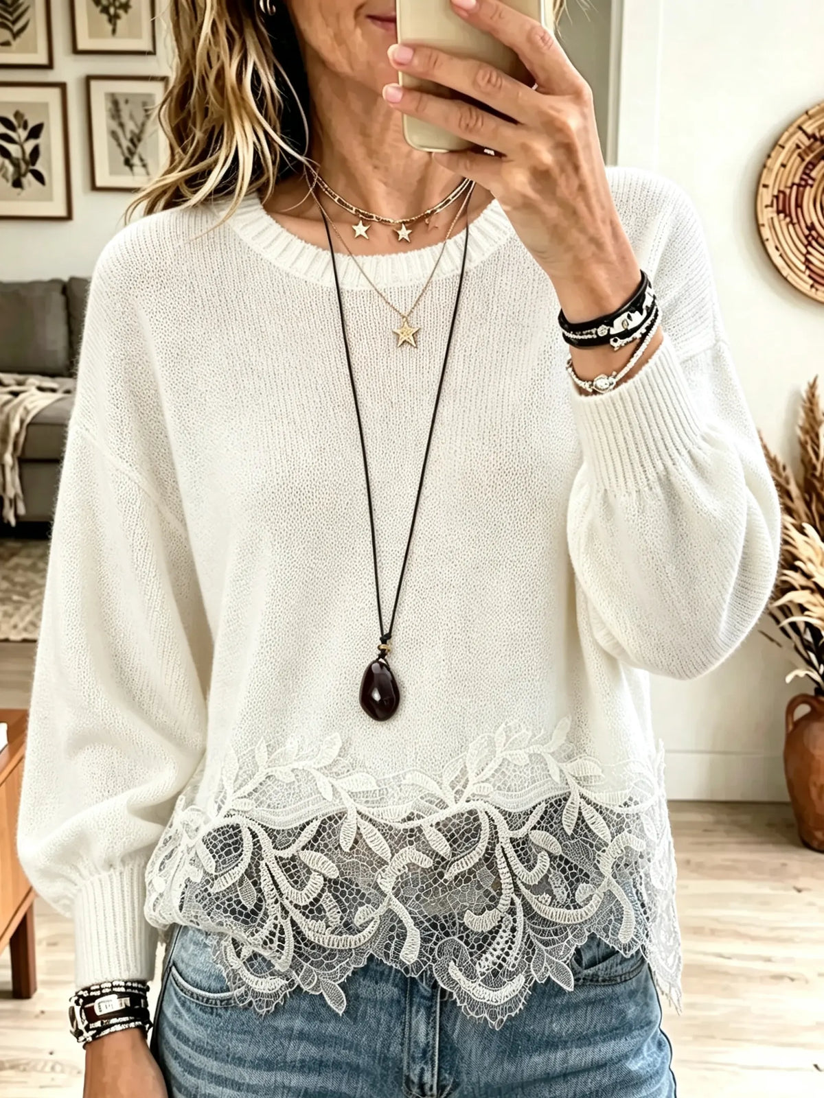 Women's Scalloped Lace Hem Crewneck Sweater