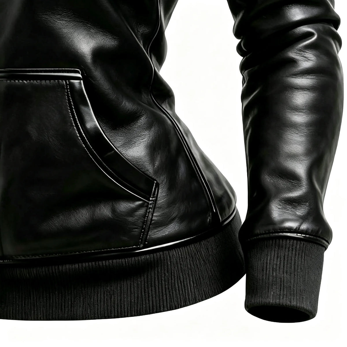 Women's Vintage Black Leather Fleece Pocket Hooded Jacket