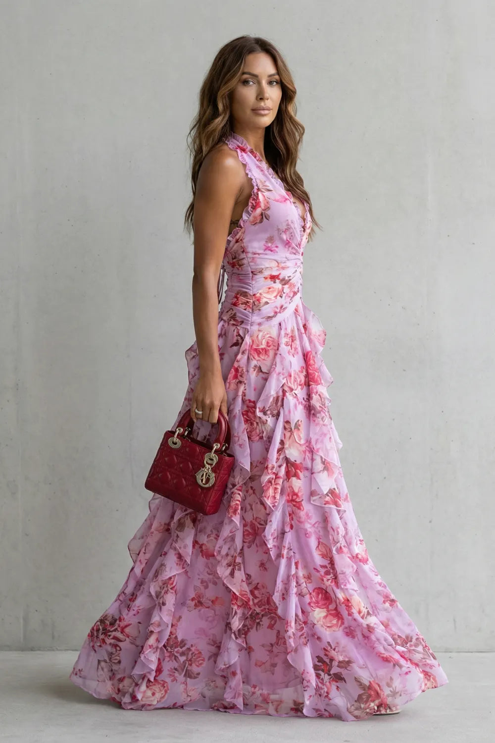 Romantic rose cascade – Halter maxi dress