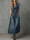 Women's Sleeveless Casual Loose Denim Dress With A Ruffled Neckline