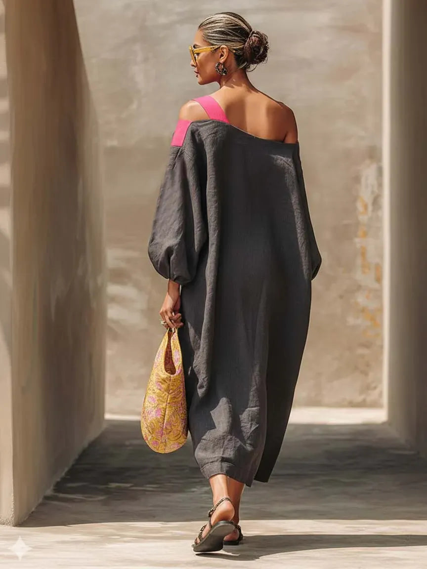 Casual Off-the-shoulder Color-block Loose Cotton Dress