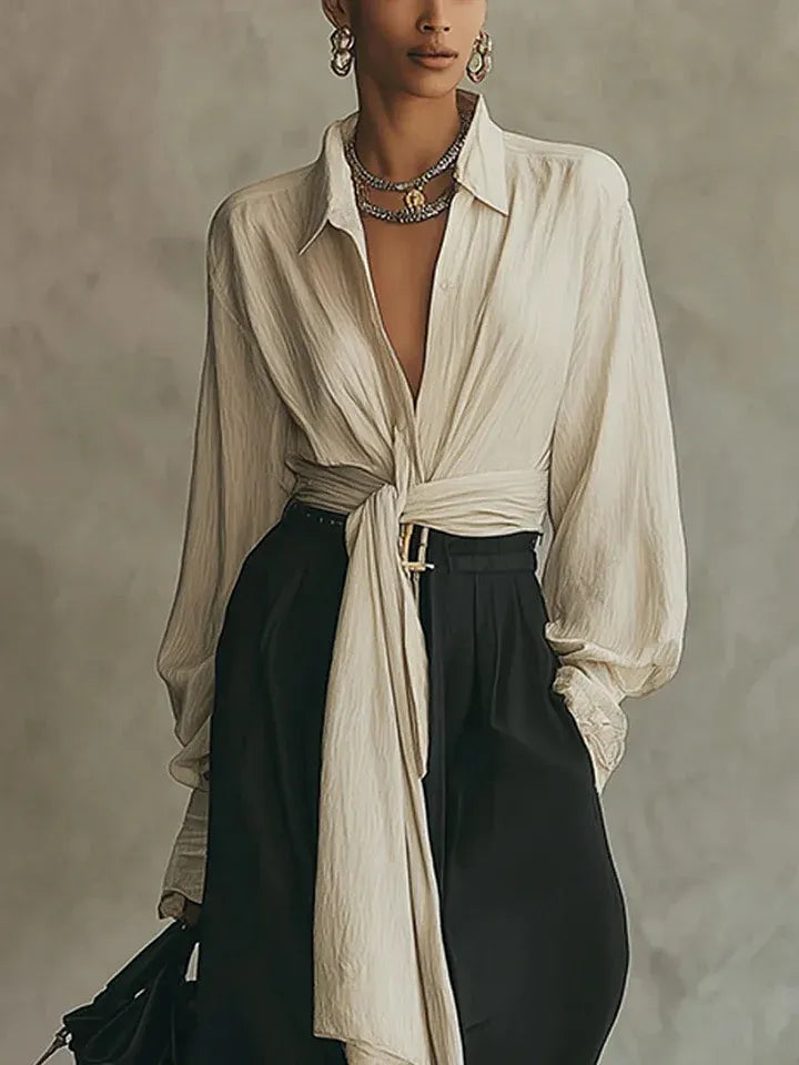 Elegant Minimalist Tie Shirt And Wide-leg Pants Two-piece Set