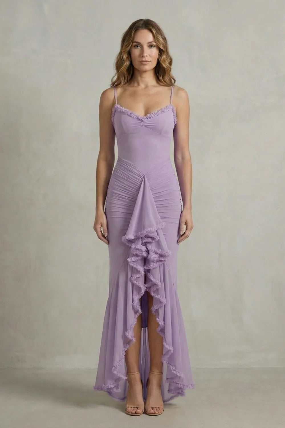 Feminine ruffle allure – Sleeveless high low maxi dress