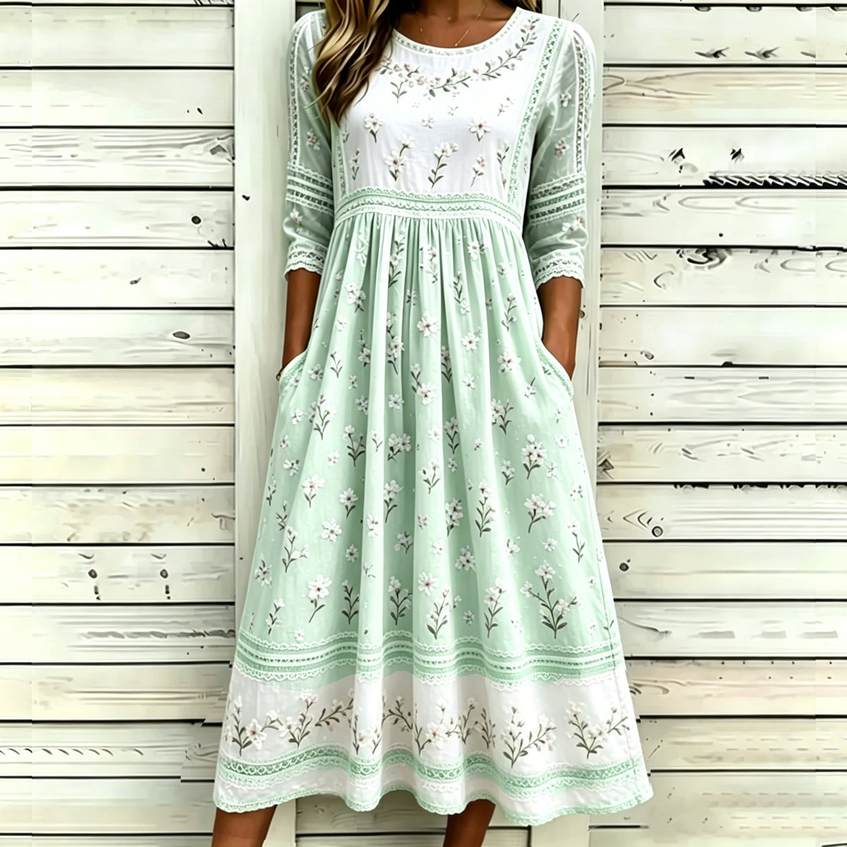 Vintage White Cherry Blossom Art And Lace Art Light Pink Cotton Linen Loose Round Neck Dress