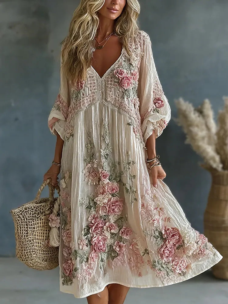 Women's Vintage Retro Floral Art Flowy Linen Blend Casual Long Sleeve Maxi Dress