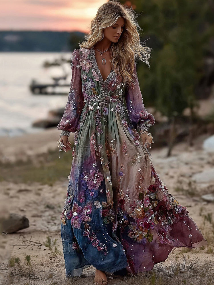 Tie-dye Boho Rose Embroidered Sequined Maxi Dress