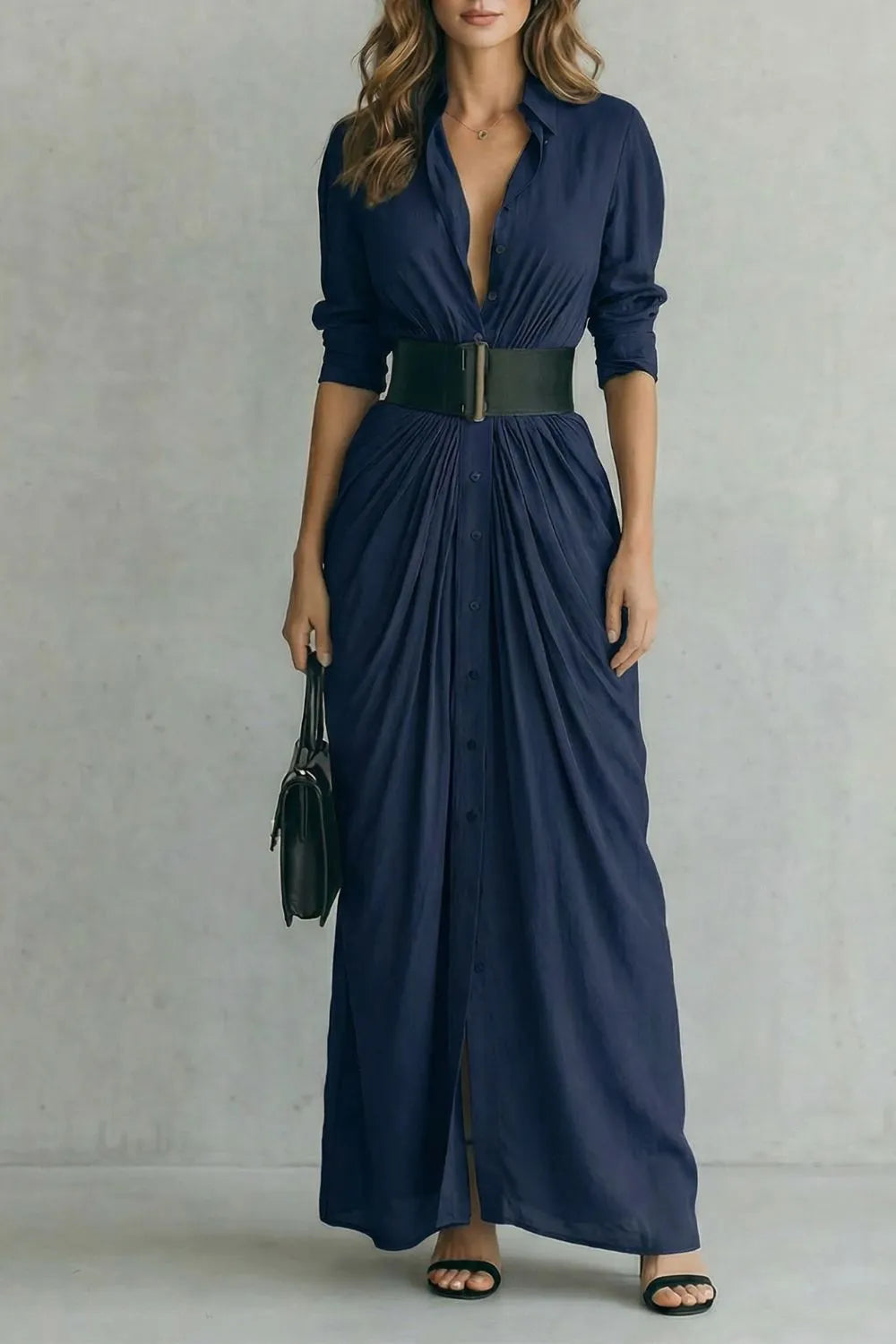 Pleated waist drama – Maxi shirt dress (includes belt)