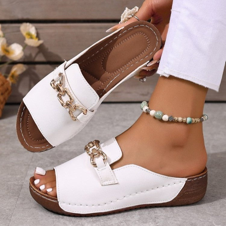 Metallic Buckle Wedge Mules – Easy Slip-On with Arch Support