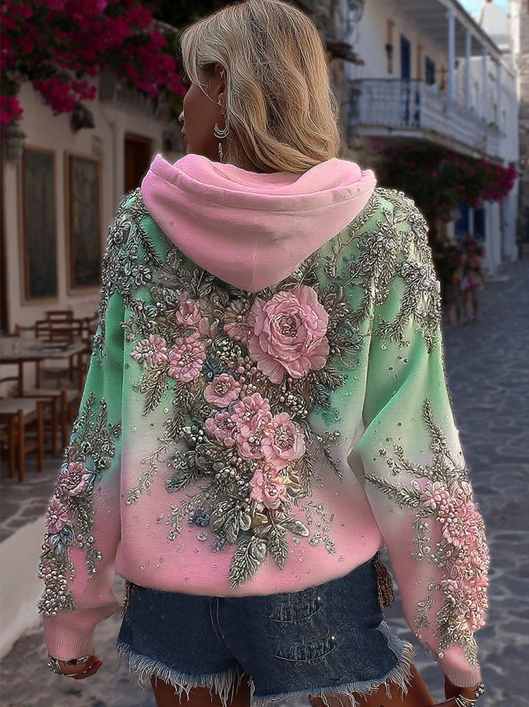 Women's Classic Rose Embroidery Art Comfy Hoodie