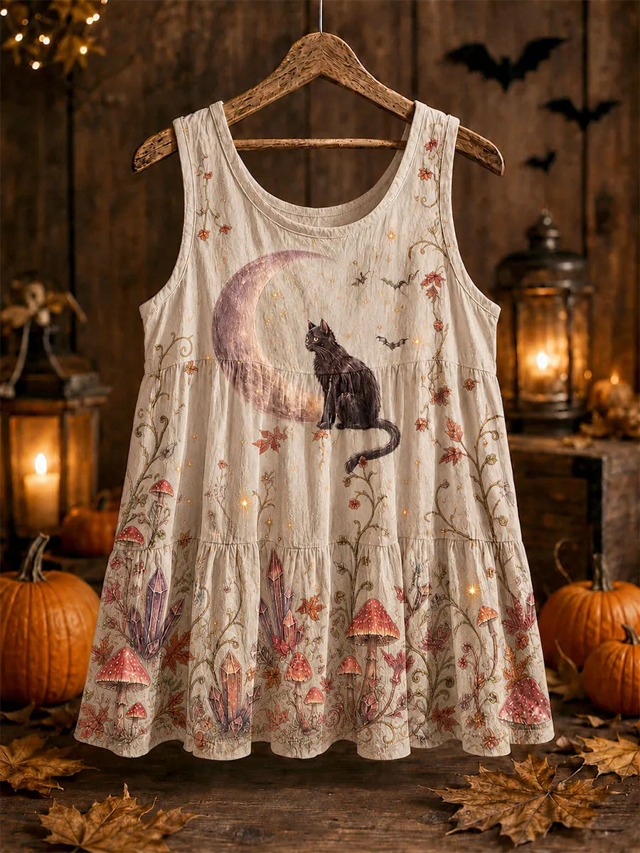 Moonlit Black Cat & Crystal Mushroom Halloween Sleeveless Tank Top