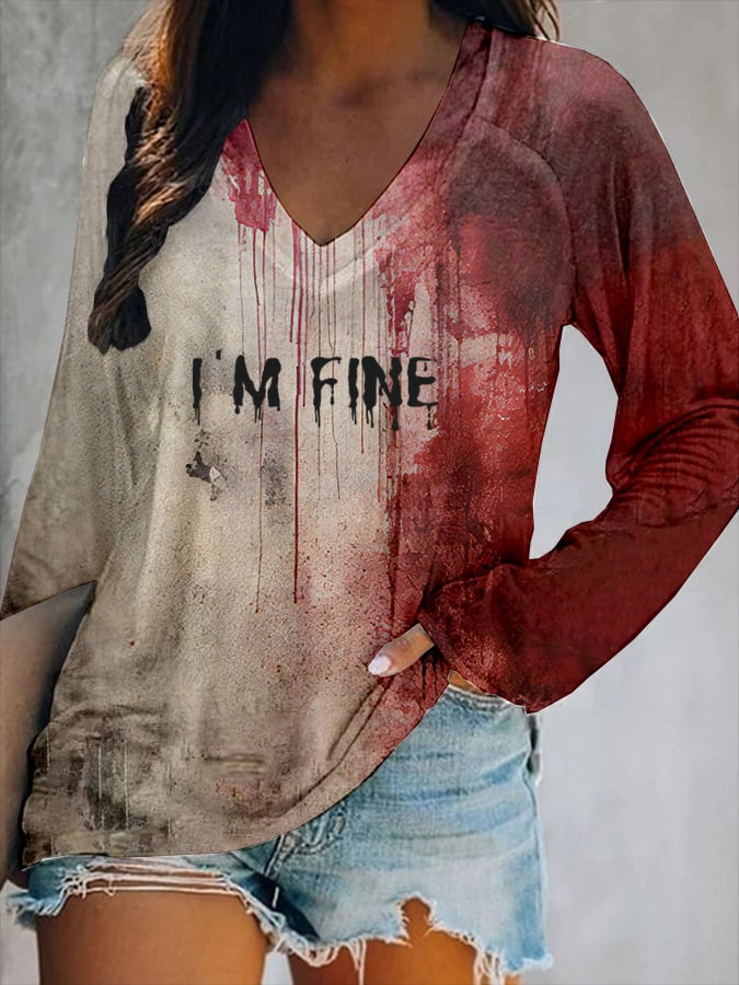 Women's Bloody I'm Fine Halloween Print V-Neck T-Shirt  6f84
